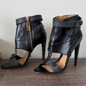 L.A.M.B. Black Leather Open-Toe Heels